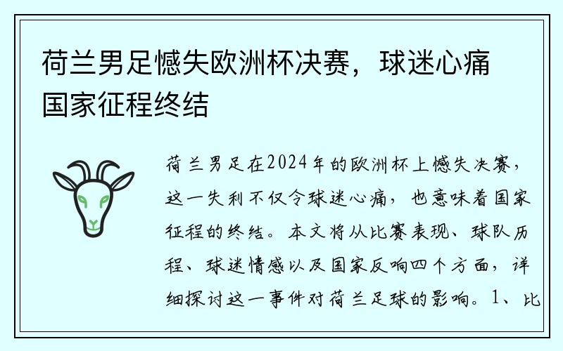 荷兰男足憾失欧洲杯决赛，球迷心痛国家征程终结