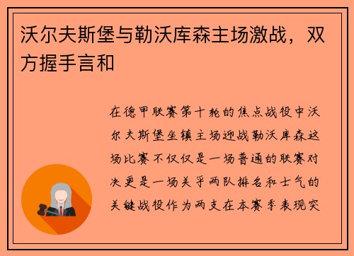 沃尔夫斯堡与勒沃库森主场激战，双方握手言和